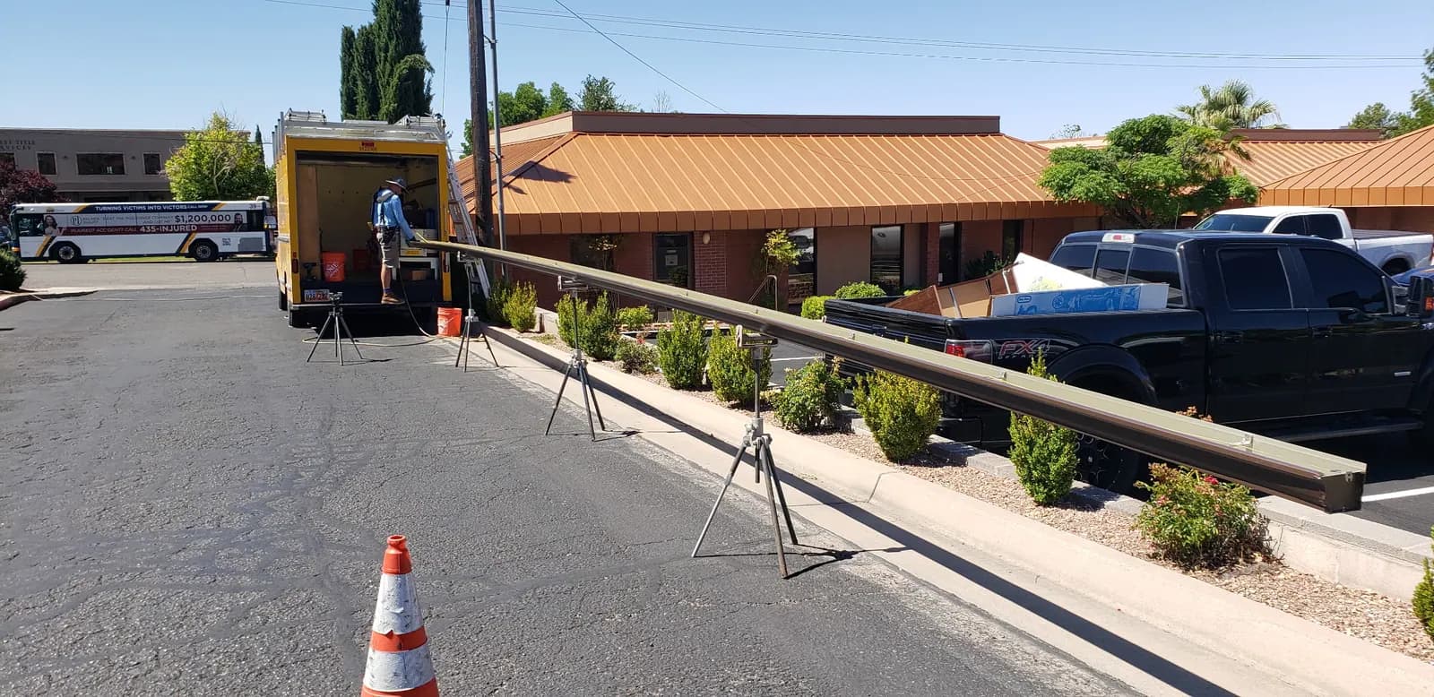 Seamless rain gutter run being formed on site by a gutter machine in Southern Utah